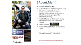 { About.Me() }
•   Current SharePoint MVP
•   Author for two SP 2010 development books
•   SharePoint Architect for Infusion
•   Speaker at International Conferences on
    SharePoint, at user groups, and at
    SharePoint Saturdays
•   Certified Trainer for the industry leading
    SharePoint training from Critical Path
    Training
•   Telerik “Insider”
•   Holds all MS certifications for SharePoint
    2010


• Harley-Davidson ™ Enthusiast!



    https://mvp.support.microsoft.com/profile/Ed.Musters
 