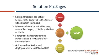 Solution Packages

• Solution Packages are sets of            Web Parts

  functionality deployed to the farm or
  site co...