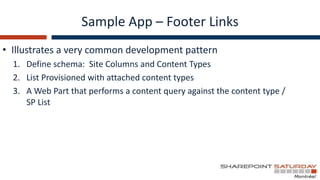 Sample App – Footer Links
• Illustrates a very common development pattern
  1. Define schema: Site Columns and Content Typ...