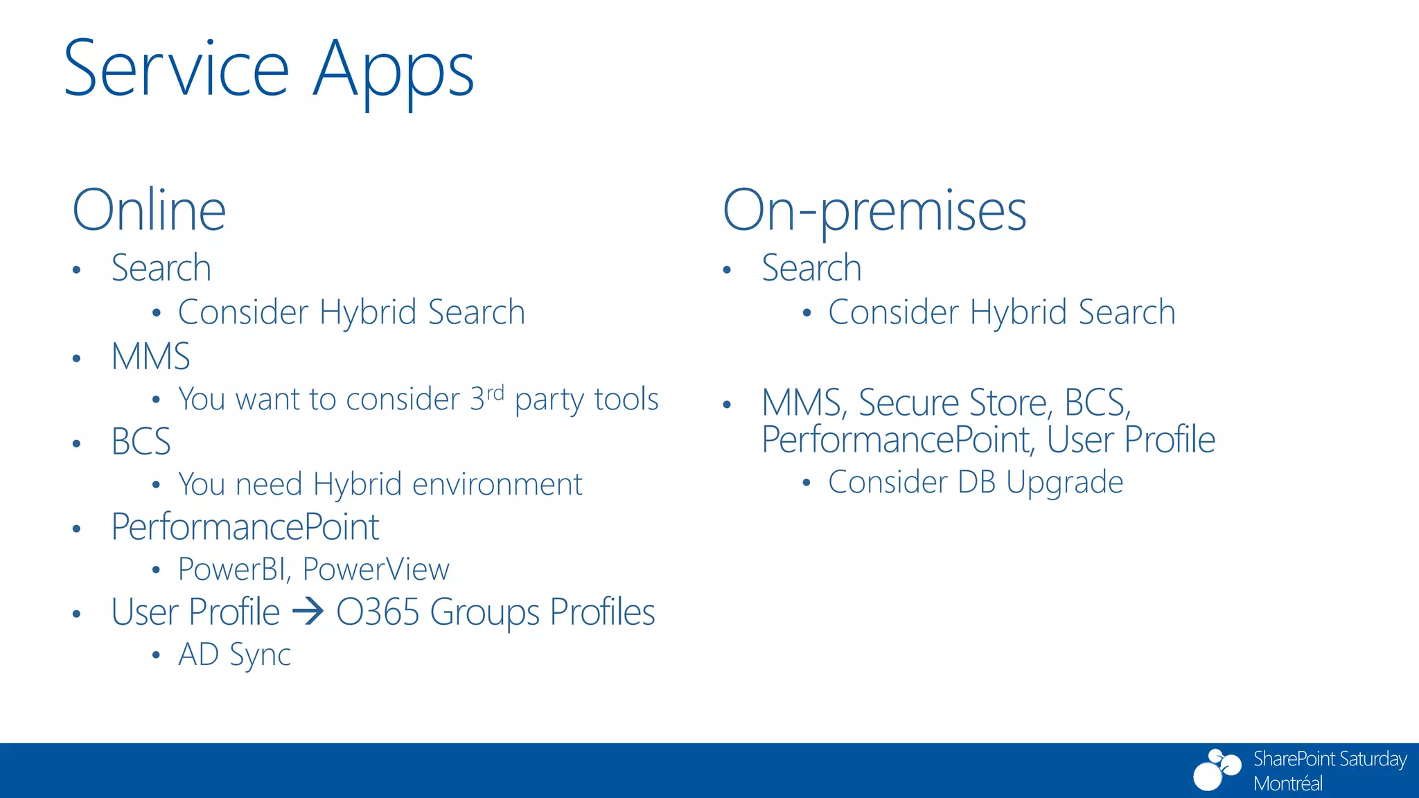 SharePoint Saturday
Montréal
Service Apps
Online
• Search
• Consider Hybrid Search
• MMS
• You want to consider 3rd party tools
• BCS
• You need Hybrid environment
• PerformancePoint
• PowerBI, PowerView
• User Profile  O365 Groups Profiles
• AD Sync
On-premises
• Search
• Consider Hybrid Search
• MMS, Secure Store, BCS,
PerformancePoint, User Profile
• Consider DB Upgrade
 