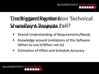 Understanding the Non Technical
Is necessary to avoid poor…
 Shared Understanding of Requirements/Needs
 Knowledge around Limitations of the Software
(When to use it/When not to)
 Estimation of Effort and Schedule Accuracy
The Biggest Reasons
SharePoint Projects Fail?
 