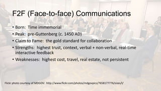 F2F (Face-to-face) Communications
• Born: Time immemorial
• Peak: pre-Guttenberg (c. 1450 AD)
• Claim to Fame: the gold standard for collaboration
• Strengths: highest trust, context, verbal + non-verbal, real-time
interactive feedback
• Weaknesses: highest cost, travel, real estate, not persistent
Flickr photo courtesy of MDGOV: http://www.flickr.com/photos/mdgovpics/7658177776/sizes/l/
 