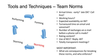 Tools and Techniques – Team Norms
• Arrival times: early? late OK? Call
first?
• Working hours?
• Expected availability on IM?
• Turnaround time on email and
voicemail?
• Number of exchanges on e-mail
before a phone call is made?
• Rating content?
• Use of BCC? Reply: All?
• Totally transparent meetings?
MOST IMPORTANT:
• What are consequences for breaking
these norms, and who enforces?
 