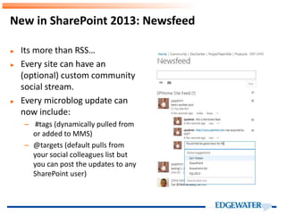 New in SharePoint 2013: Newsfeed
► Its more than RSS…
► Every site can have an
(optional) custom community
social stream.
► Every microblog update can
now include:
– #tags (dynamically pulled from
or added to MMS)
– @targets (default pulls from
your social colleagues list but
you can post the updates to any
SharePoint user)
 
