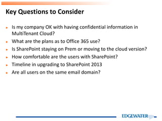 ► Is my company OK with having confidential information in
MultiTenant Cloud?
► What are the plans as to Office 365 use?
► Is SharePoint staying on Prem or moving to the cloud version?
► How comfortable are the users with SharePoint?
► Timeline in upgrading to SharePoint 2013
► Are all users on the same email domain?
Key Questions to Consider
 