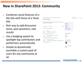 New in SharePoint 2013: Community
► Combines social features of a
My Site with those of a Team
Site
► Rich way to add discussion
areas, post questions, rate
results
► Use a badging system to
spotlight top contributors and
performers automatically.
► Simple to dynamically
assemble a custom pool of
users for any community at
all.
 