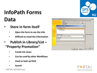 #SPSNJ @PGBhoyar
InfoPath Forms
Data
• Store in form itself
• Open the form to see the info
• Difficult to crawl the information
• Publish in Library/List –
“Property Promotion”
• Create list views
• Can be used by other Workflows
• Used as look up field
• Search
 