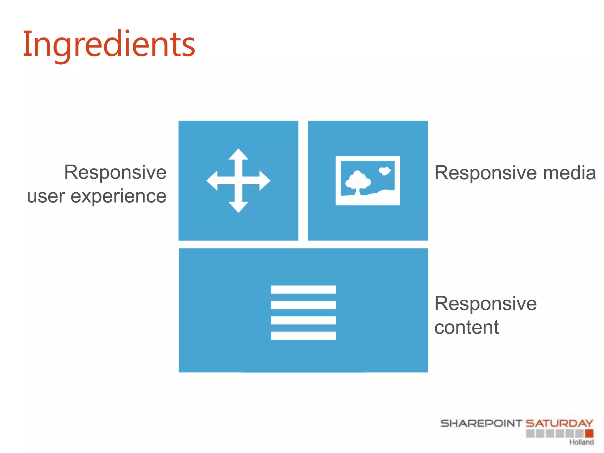 Ingredients
Responsive
user experience
Responsive media
Responsive
content
 