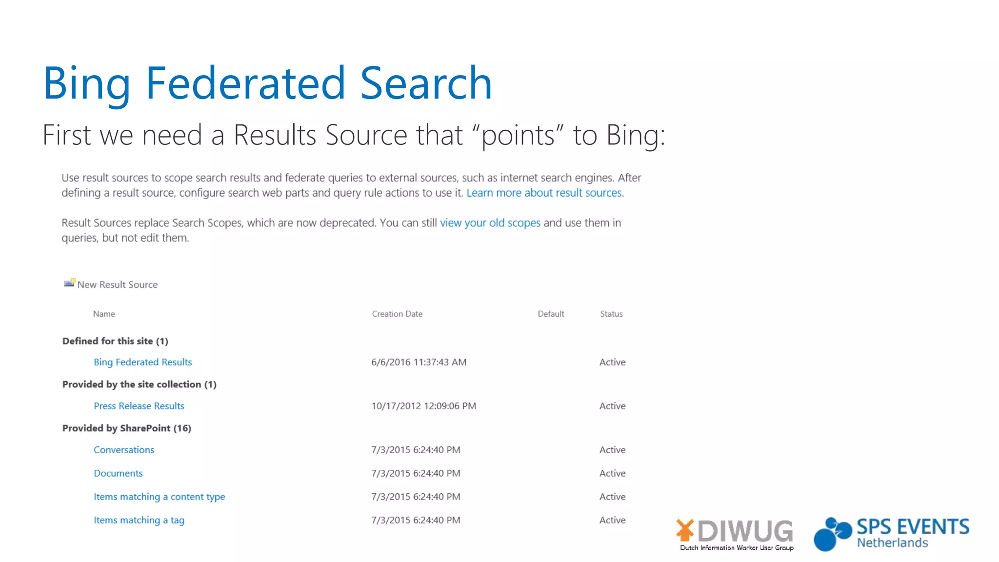Bing Federated Search
First we need a Results Source that “points” to Bing:
 