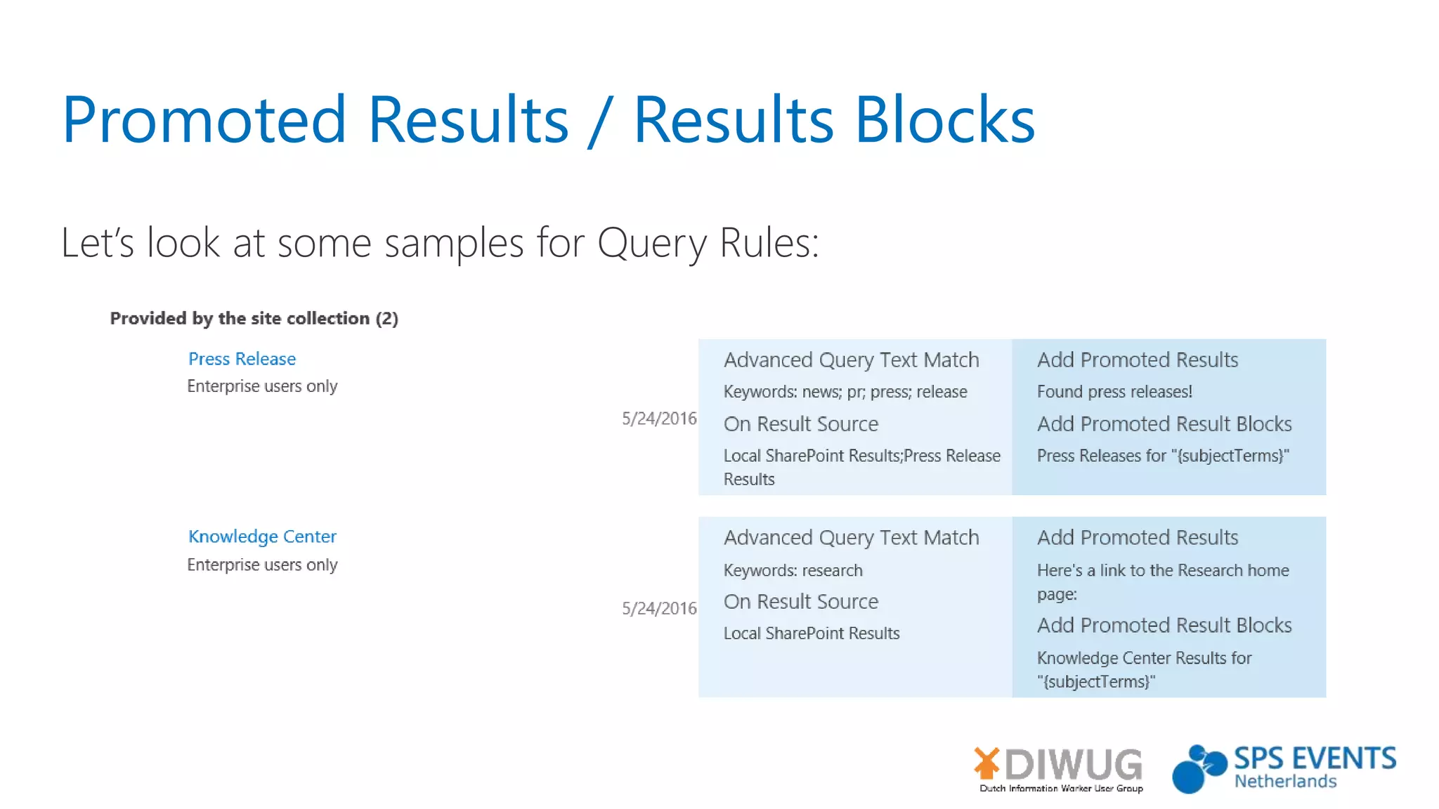 Promoted Results / Results Blocks
Let’s look at some samples for Query Rules:
 