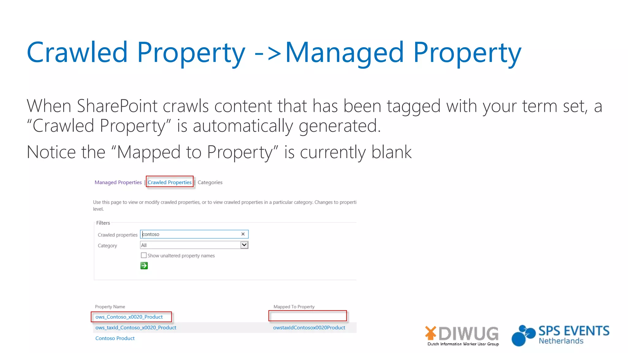 Crawled Property ->Managed Property
When SharePoint crawls content that has been tagged with your term set, a
“Crawled Property” is automatically generated.
Notice the “Mapped to Property” is currently blank
 