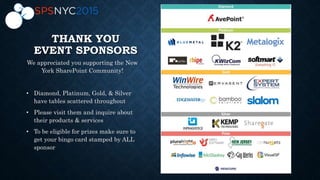 THANK YOU
EVENT SPONSORS
We appreciated you supporting the New
York SharePoint Community!
• Diamond, Platinum, Gold, & Silver
have tables scattered throughout
• Please visit them and inquire about
their products & services
• To be eligible for prizes make sure to
get your bingo card stamped by ALL
sponsor
 