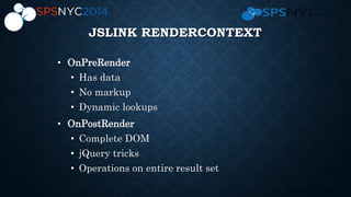 11 | SharePoint Saturday New York City 2013
JSLINK RENDERCONTEXT
• OnPreRender
• Has data
• No markup
• Dynamic lookups
• OnPostRender
• Complete DOM
• jQuery tricks
• Operations on entire result set
 