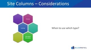 Site Columns – Considerations
Choice
Lookup
Managed
Metadata
When to use which type?
 