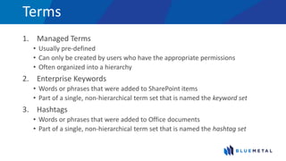 Terms
1. Managed Terms
• Usually pre-defined
• Can only be created by users who have the appropriate permissions
• Often organized into a hierarchy
2. Enterprise Keywords
• Words or phrases that were added to SharePoint items
• Part of a single, non-hierarchical term set that is named the keyword set
3. Hashtags
• Words or phrases that were added to Office documents
• Part of a single, non-hierarchical term set that is named the hashtag set
 