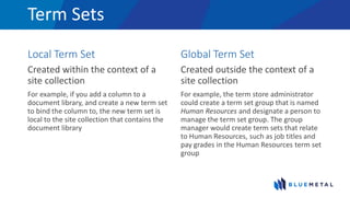 Term Sets
Local Term Set
Created within the context of a
site collection
For example, if you add a column to a
document library, and create a new term set
to bind the column to, the new term set is
local to the site collection that contains the
document library
Global Term Set
Created outside the context of a
site collection
For example, the term store administrator
could create a term set group that is named
Human Resources and designate a person to
manage the term set group. The group
manager would create term sets that relate
to Human Resources, such as job titles and
pay grades in the Human Resources term set
group
 