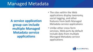 Managed Metadata
A service application
group can include
multiple Managed
Metadata service
applications
• The sites within the Web
applications display taxonomy,
social tagging, and other
features from both Managed
Metadata service applications
• Unlike other cross-farm
services, Web parts by default
include data from multiple
Managed Metadata service
applications
 