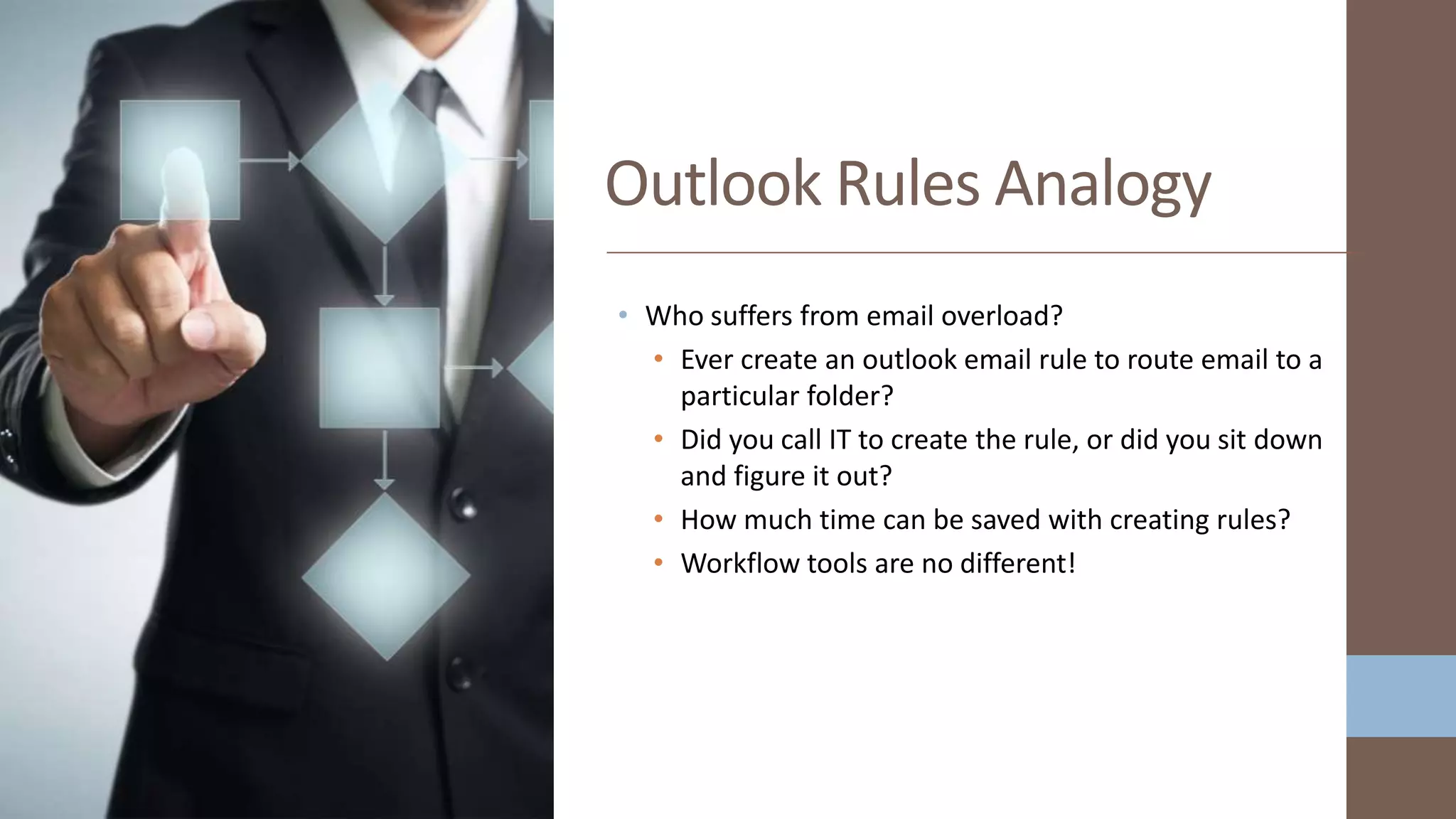 • Who suffers from email overload?
• Ever create an outlook email rule to route email to a
particular folder?
• Did you call IT to create the rule, or did you sit down
and figure it out?
• How much time can be saved with creating rules?
• Workflow tools are no different!
Outlook Rules Analogy
 
