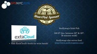 • Visit ExtaCloud’s booth for wrist bands!
Scallywag's Irish Pub
508 9th Ave, between 38th & 39th.
[6 minutes walk]
Scallywags also serves food.
http://www.scallywagsnyc.com/
 