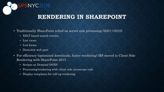 RENDERING IN SHAREPOINT
• Traditionally SharePoint relied on server side processing (2001->2010)
• XSLT based search results
• List views
• List forms
• Dataview web part
• For efficiency (optimized downloads, faster rendering) MS moved to Client Side
Rendering with SharePoint 2013
• Scripts on Demand (SOD)
• Processing/rendering with client side javascript code
• Display templates for roll-up rendering
 
