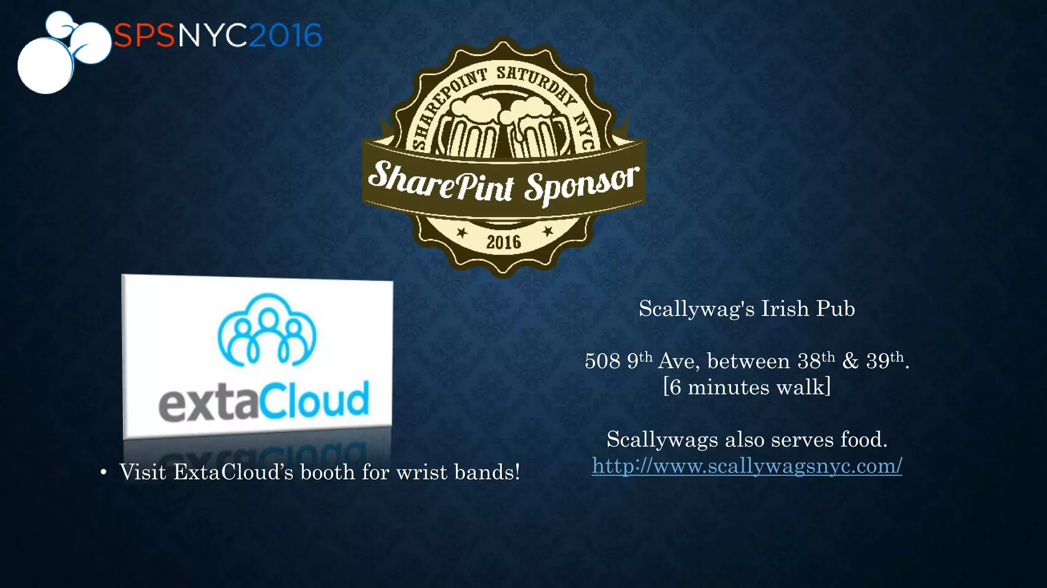 • Visit ExtaCloud’s booth for wrist bands!
Scallywag's Irish Pub
508 9th Ave, between 38th & 39th.
[6 minutes walk]
Scallywags also serves food.
http://www.scallywagsnyc.com/
 