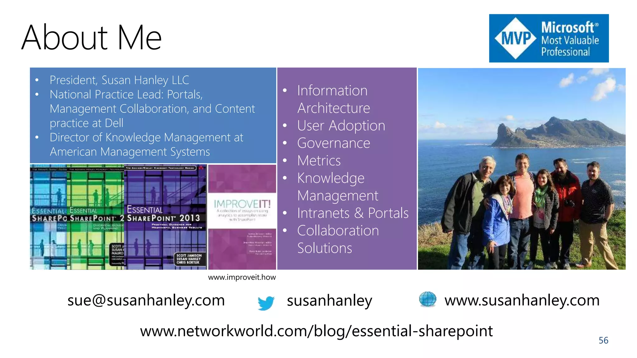 56
• President, Susan Hanley LLC
• National Practice Lead: Portals,
Management Collaboration, and Content
practice at Dell
• Director of Knowledge Management at
American Management Systems
• Information
Architecture
• User Adoption
• Governance
• Metrics
• Knowledge
Management
• Intranets & Portals
• Collaboration
Solutions
susanhanleysue@susanhanley.com
www.networkworld.com/blog/essential-sharepoint
www.susanhanley.com
www.improveit.how
 