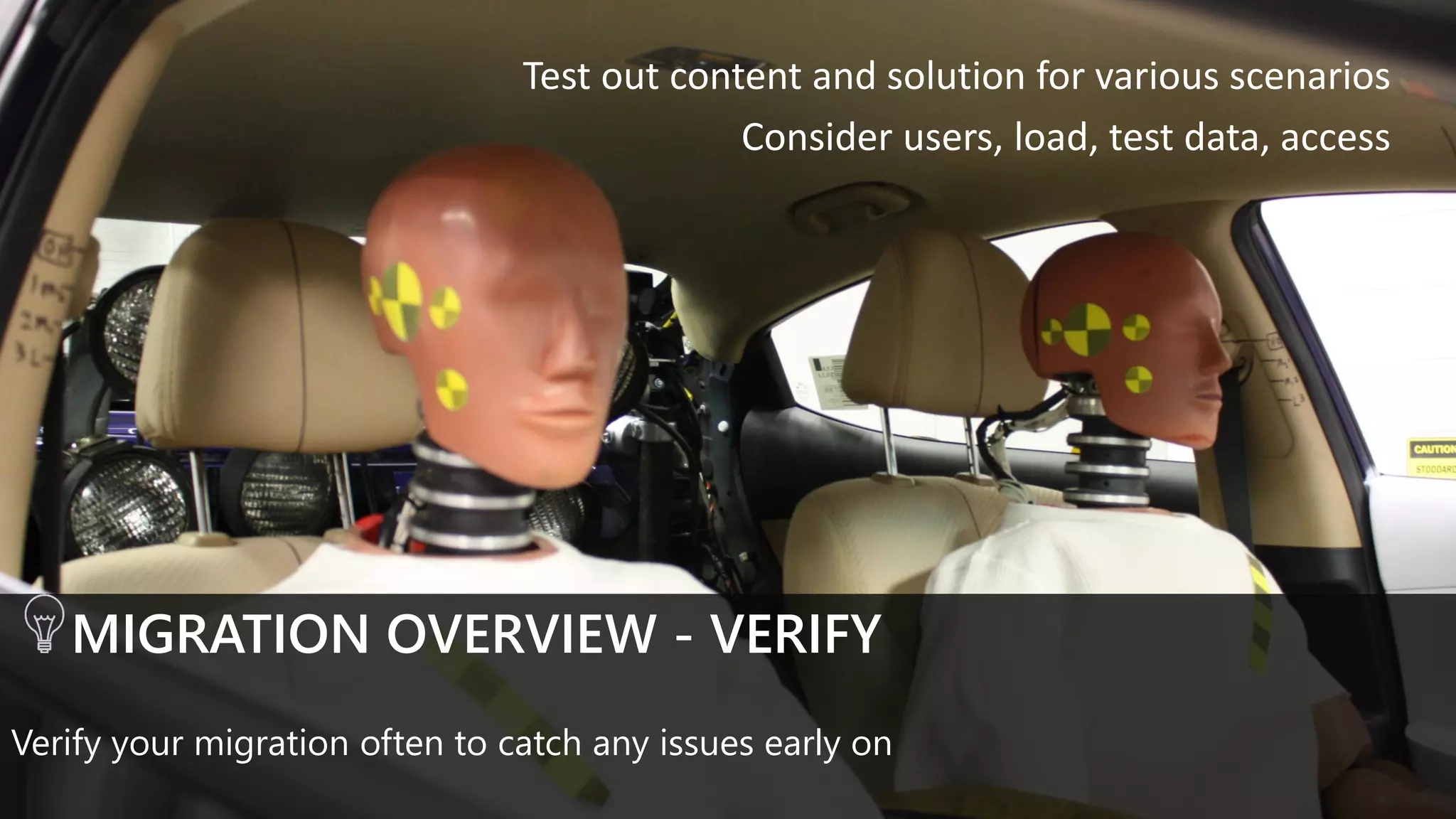 MIGRATION OVERVIEW - VERIFY
Verify your migration often to catch any issues early on
Test out content and solution for various scenarios
Consider users, load, test data, access
 