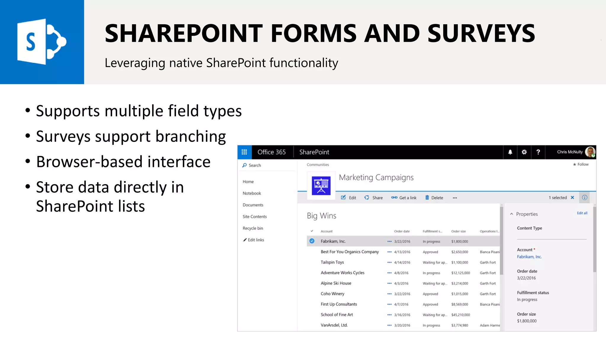 SHAREPOINT FORMS AND SURVEYS
Leveraging native SharePoint functionality
• Supports multiple field types
• Surveys support branching
• Browser-based interface
• Store data directly in
SharePoint lists
 