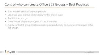 Office 365 Groups naming policy
• Sometimes inconsistent naming can cause a lot of governance issues
• OOTB naming policy ...