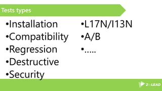 Tests types
•Installation
•Compatibility
•Regression
•Destructive
•Security
•L17N/I13N
•A/B
•…..
 