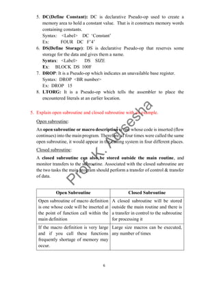 6
5. DC(Define Constant): DC is declarative Pseudo-op used to create a
memory area to hold a constant value. That is it constructs memory words
containing constants.
Syntax: <Label> DC ‘Constant’
Ex: FOUR DC F’4’
6. DS(Define Storage): DS is declarative Pseudo-op that reserves some
storage for the data and gives them a name.
Syntax: <Label> DS SIZE
Ex: BLOCK DS 100F
7. DROP: It is a Pseudo-op which indicates an unavailable base register.
Syntax: DROP <BR number>
Ex: DROP 15
8. LTORG: It is a Pseudo-op which tells the assembler to place the
encountered literals at an earlier location.
5. Explain open subroutine and closed subroutine with an example.
Open subroutine:
An open subroutine or macro description is one whose code is inserted (flow
continues) into the main program. Therefore, if four times were called the same
open subroutine, it would appear in the calling system in four different places.
Closed subroutine:
A closed subroutine can also be stored outside the main routine, and
monitor transfers to the subroutine. Associated with the closed subroutine are
the two tasks the main program should perform a transfer of control & transfer
of data.
Open Subroutine Closed Subroutine
Open subroutine of macro definition
is one whose code will be inserted at
the point of function call within the
main definition
A closed subroutine will be stored
outside the main routine and there is
a transfer in control to the subroutine
for processing it
If the macro definition is very large
and if you call these functions
frequently shortage of memory may
occur.
Large size macros can be executed,
any number of times
 