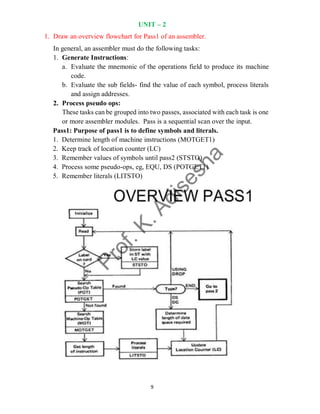 9
UNIT – 2
1. Draw an overview flowchart for Pass1 of an assembler.
In general, an assembler must do the following tasks:
1. Generate Instructions:
a. Evaluate the mnemonic of the operations field to produce its machine
code.
b. Evaluate the sub fields- find the value of each symbol, process literals
and assign addresses.
2. Process pseudo ops:
These tasks can be grouped into two passes, associated with each task is one
or more assembler modules. Pass is a sequential scan over the input.
Pass1: Purpose of pass1 is to define symbols and literals.
1. Determine length of machine instructions (MOTGET1)
2. Keep track of location counter (LC)
3. Remember values of symbols until pass2 (STSTO)
4. Process some pseudo-ops, eg, EQU, DS (POTGET1)
5. Remember literals (LITSTO)
 