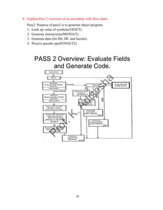 18
8. Explain Pass 2 overview of an assembler with flow-chart.
Pass2: Purpose of pass2 is to generate object program.
1. Look up value of symbols(STGET).
2. Generate instructions(MOTGET).
3. Generate data (for DS, DC and literals).
4. Process pseudo ops(POTGET2).
 