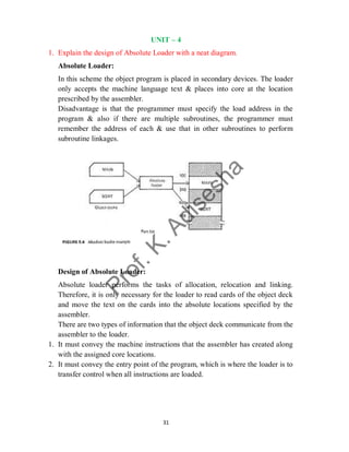 31
UNIT – 4
1. Explain the design of Absolute Loader with a neat diagram.
Absolute Loader:
In this scheme the object program is placed in secondary devices. The loader
only accepts the machine language text & places into core at the location
prescribed by the assembler.
Disadvantage is that the programmer must specify the load address in the
program & also if there are multiple subroutines, the programmer must
remember the address of each & use that in other subroutines to perform
subroutine linkages.
Design of Absolute Loader:
Absolute loader performs the tasks of allocation, relocation and linking.
Therefore, it is only necessary for the loader to read cards of the object deck
and move the text on the cards into the absolute locations specified by the
assembler.
There are two types of information that the object deck communicate from the
assembler to the loader.
1. It must convey the machine instructions that the assembler has created along
with the assigned core locations.
2. It must convey the entry point of the program, which is where the loader is to
transfer control when all instructions are loaded.
 