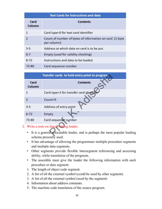 32
2. Write a note on direct linking loader.
• It is a general relocatable loader, and is perhaps the most popular loading
scheme presently used.
• It has advantage of allowing the programmer multiple procedure segments
and multiple data segments.
• Other segments provide flexible intersegment referencing and accessing
ability, while translation of the programs.
• The assemble must give the loader the following information with each
procedure or data segment:
1. The length of object code segment.
2. A list of all the external symbol (could be used by other segment).
3. A list of all the external symbol (used by the segment)
4. Information about address constants.
5. The machine code translation of the source program.
 