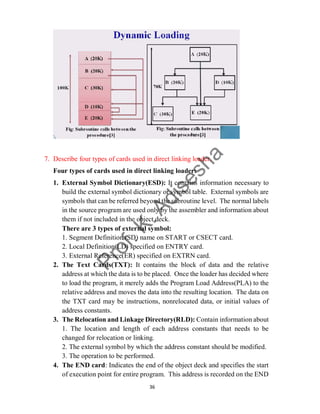 36
7. Describe four types of cards used in direct linking loader.
Four types of cards used in direct linking loader:
1. External Symbol Dictionary(ESD): It contains information necessary to
build the external symbol dictionary or symbol table. External symbols are
symbols that can be referred beyond the subroutine level. The normal labels
in the source program are used only by the assembler and information about
them if not included in the object deck.
There are 3 types of external symbol:
1. Segment Definition (SD) name on START or CSECT card.
2. Local Definition(LD) specified on ENTRY card.
3. External Reference(ER) specified on EXTRN card.
2. The Text Cards(TXT): It contains the block of data and the relative
address at which the data is to be placed. Once the loader has decided where
to load the program, it merely adds the Program Load Address(PLA) to the
relative address and moves the data into the resulting location. The data on
the TXT card may be instructions, nonrelocated data, or initial values of
address constants.
3. The Relocation and Linkage Directory(RLD): Contain information about
1. The location and length of each address constants that needs to be
changed for relocation or linking.
2. The external symbol by which the address constant should be modified.
3. The operation to be performed.
4. The END card: Indicates the end of the object deck and specifies the start
of execution point for entire program. This address is recorded on the END
 