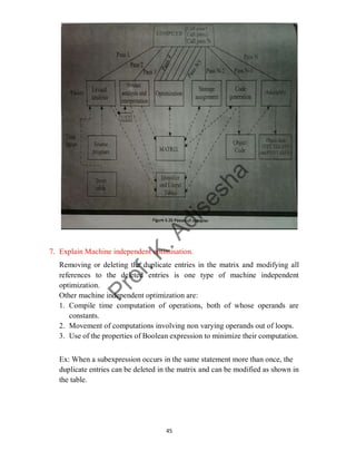 45
7. Explain Machine independent optimisation.
Removing or deleting the duplicate entries in the matrix and modifying all
references to the deleted entries is one type of machine independent
optimization.
Other machine independent optimization are:
1. Compile time computation of operations, both of whose operands are
constants.
2. Movement of computations involving non varying operands out of loops.
3. Use of the properties of Boolean expression to minimize their computation.
Ex: When a subexpression occurs in the same statement more than once, the
duplicate entries can be deleted in the matrix and can be modified as shown in
the table.
 