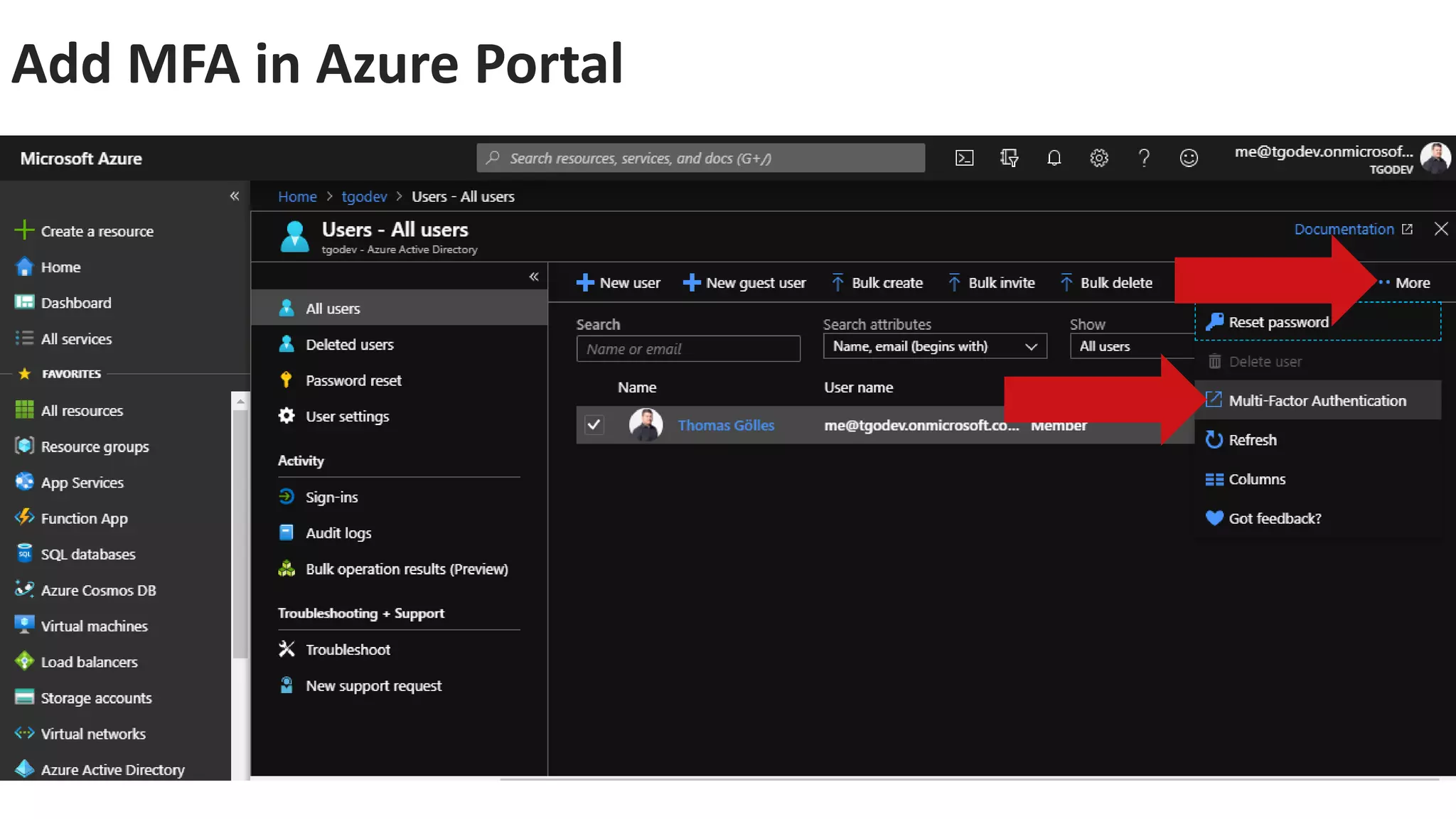 Add MFA in Azure Portal
 