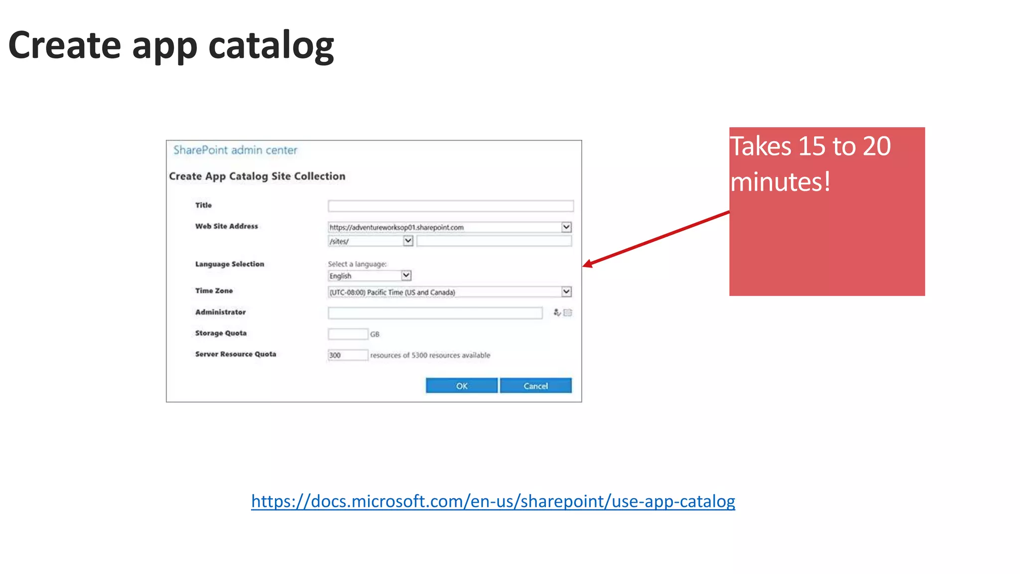 Create app catalog
https://docs.microsoft.com/en-us/sharepoint/use-app-catalog
Takes 15 to 20
minutes!
 