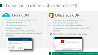 LES NOUVEAUTES DU SHAREPOINT FRAMEWORK (SPFx)SPS Paris
 Hébergement des ressources (images, js, etc.)
 Performant avec les pages SharePoint
 Stocker dans vos listes SharePoint préférées
 Choix possible entre une diffusion PUBLIQUE ou PRIVEE
 GRATUIT !
Choix des librairies autorisées dans l’App Catalog
 Hébergement des ressources (images, js, etc.)
 Hautement mutualisable
 Sécurisation par clés d’accès
 Statistiques d’utilisation
 Payant à la quantité de données transferée
 Plusieurs fournisseurs (Verizon, Akamaï) et différentes
localisations
 