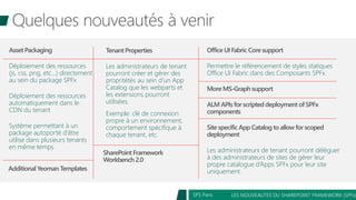 LES NOUVEAUTES DU SHAREPOINT FRAMEWORK (SPFx)SPS Paris
Asset Packaging
Déploiement des ressources
(js, css, png, etc…) directement
au sein du package SPFx
Déploiement des ressources
automatiquement dans le
CDN du tenant
Système permettant à un
package autoporté d’être
utilise dans plusieurs tenants
en même temps
Tenant Properties
Les administrateurs de tenant
pourront créer et gérer des
propritétés au sein d’un App
Catalog que les webparts et
les extensions pourront
utilisées.
Exemple: clé de connexion
propre à un environnement,
comportement spécifique à
chaque tenant, etc.
Office UI Fabric Coresupport
Permettre le référencement de styles statiques
Office UI Fabric dans des Composants SPFx.
MoreMS-Graph support
ALM APIs for scripted deployment of SPFx
components
Site specific App Catalog to allow for scoped
deployment
Les administrateurs de tenant pourront déléguer
à des administrateurs de sites de gérer leur
propre catalogue d’Apps SPFx pour leur site
uniquement.
SharePointFramework
Workbench 2.0
Additional Yeoman Templates
 