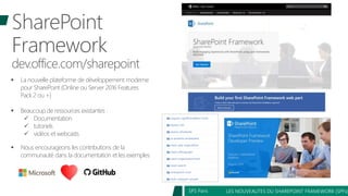 LES NOUVEAUTES DU SHAREPOINT FRAMEWORK (SPFx)SPS Paris
SharePoint
Framework
dev.office.com/sharepoint
 La nouvelle plateforme de développement moderne
pour SharePoint (Online ou Server 2016 Features
Pack 2 ou +)
 Beaucoup de ressources existantes :
 Documentation
 tutoriels
 vidéos et webcasts
 Nous encourageons les contributions de la
communauté dans la documentation et les exemples
 