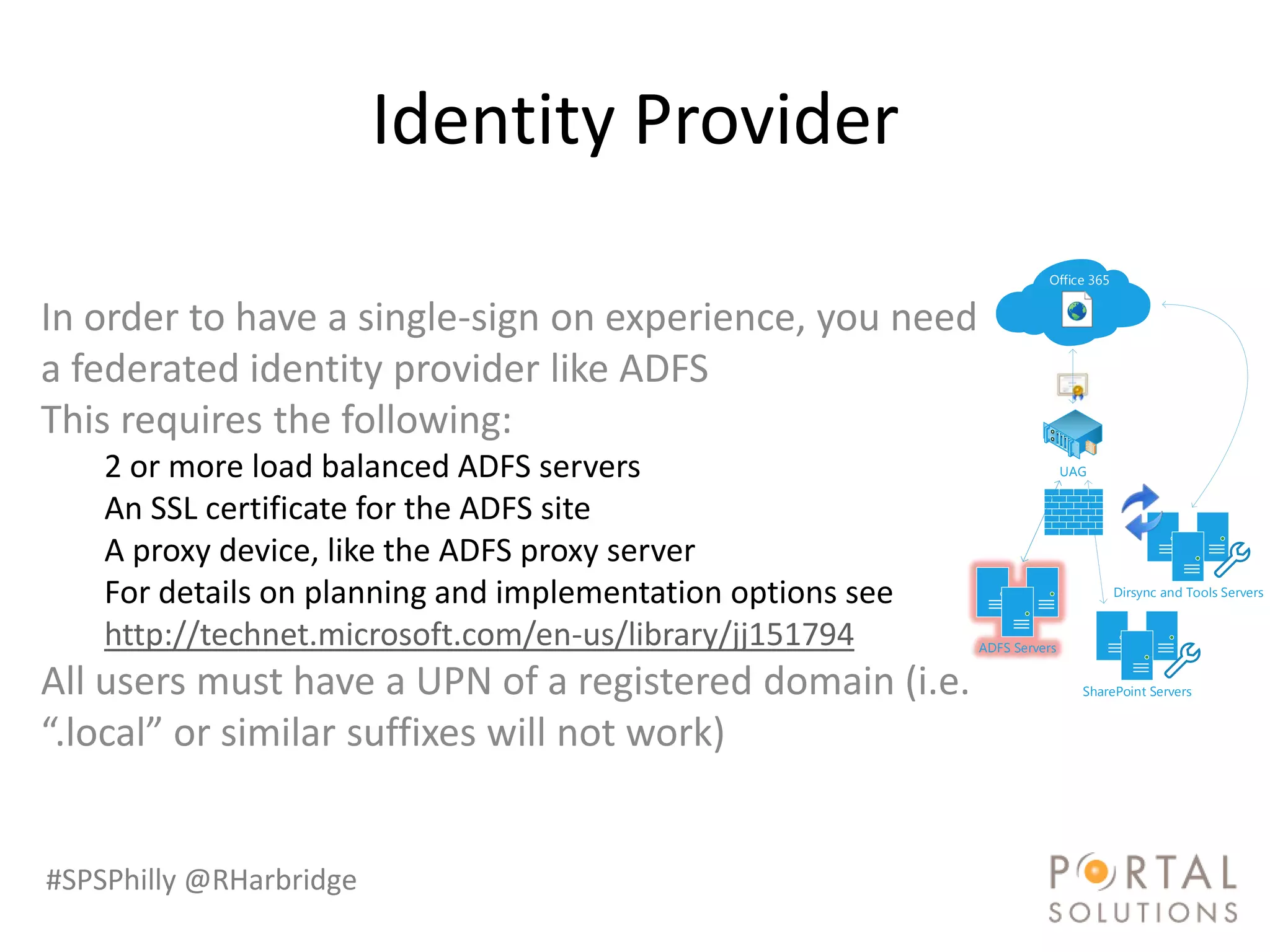 Identity Provider
                                                                       Office 365


In order to have a single-sign on experience, you need
a federated identity provider like ADFS
This requires the following:
    2 or more load balanced ADFS servers                                    UAG


    An SSL certificate for the ADFS site
    A proxy device, like the ADFS proxy server
    For details on planning and implementation options see                          Dirsync and Tools Servers


    http://technet.microsoft.com/en-us/library/jj151794      ADFS Servers


All users must have a UPN of a registered domain (i.e.                        SharePoint Servers


“.local” or similar suffixes will not work)


#SPSPhilly @RHarbridge
 