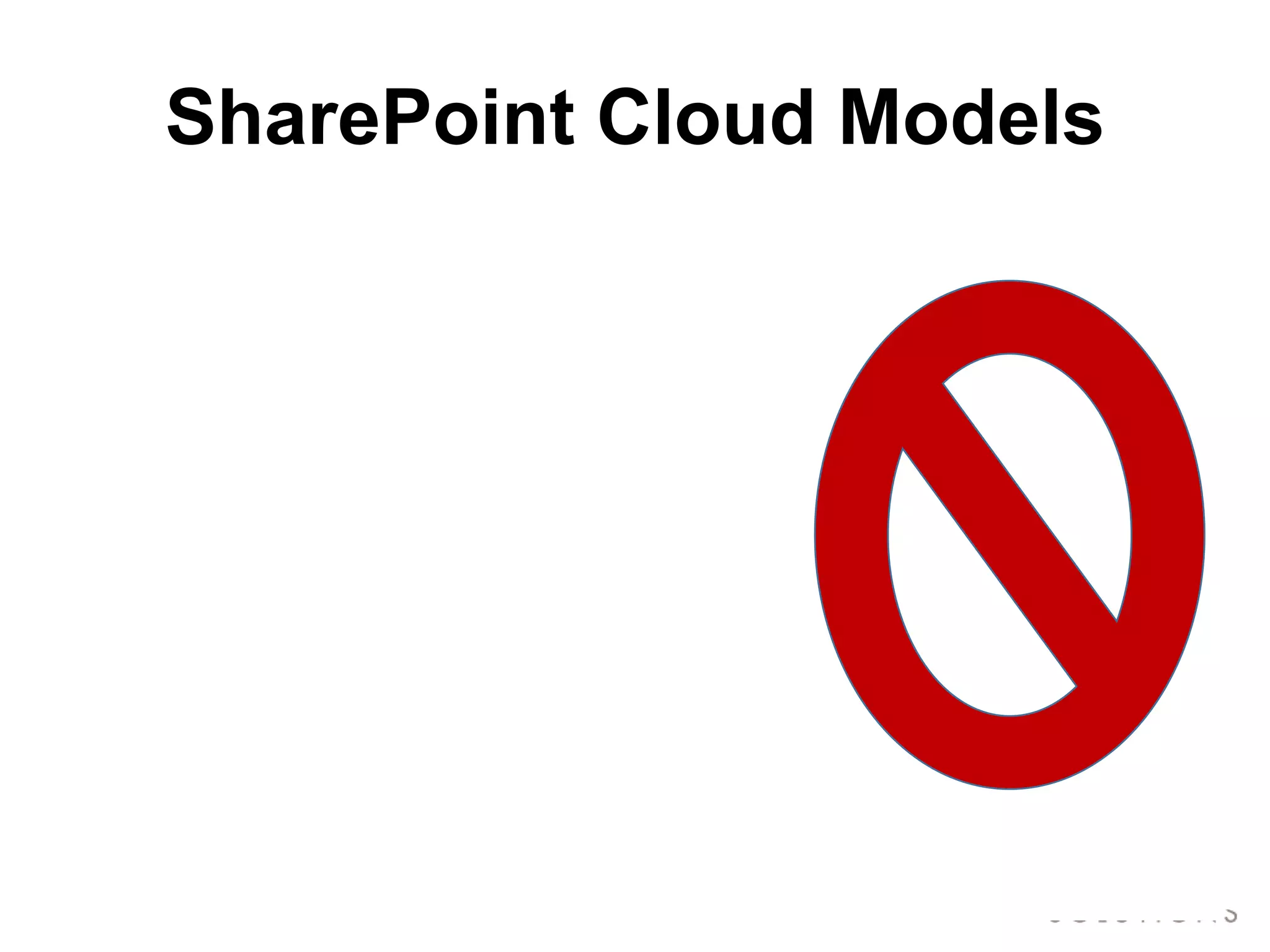 SharePoint Cloud Models
                                   Trusted                  Un-trusted
          All-in
                                   Hybrid                    Hybrid
         SharePoint 2010          Collaboration Scenarios        Exchange 2010
                                    Doc Management

          Exchange 2010                                            Lync 2010
                                         MySites

            Lync 2010                                               Extranet
                                         Extranet
      Public Facing Websites                                 Public Facing Websites

                                   Demo/Dev/Test/Prod
       Demo/Dev/Test/Prod                                       Demo/Dev/Test

     External Identity Provider    Single Sign On (ADFS)    External Identity Provider


      Dedicated/Shared
#SPSPhilly @RHarbridge            Dedicated/Shared           Dedicated/Shared
 