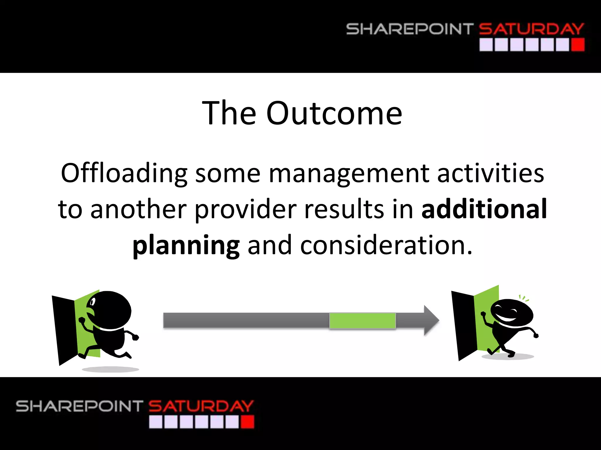 The Outcome
     Offloading some management activities
     to another provider results in additional
           planning and consideration.




#SPSPhilly @RHarbridge
 