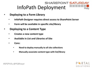 #SPSPhilly @PGBhoyar
InfoPath Deployment
LessComplexity
• Deploying to a Form Library
• InfoPath Designer requires direct access to SharePoint Server
• Form will be available in specific site/library
• Deploying to a Content Type
• Creates a new content type
• Available in List and Libraries of Site
• Cons:
• Need to deploy manually to all site collections
• Manually associate content type with list/library
 