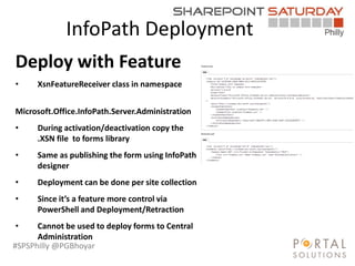 #SPSPhilly @PGBhoyar
InfoPath Deployment
LessComplexity
Deploy with Feature
• XsnFeatureReceiver class in namespace
Microsoft.Office.InfoPath.Server.Administration
• During activation/deactivation copy the
.XSN file to forms library
• Same as publishing the form using InfoPath
designer
• Deployment can be done per site collection
• Since it’s a feature more control via
PowerShell and Deployment/Retraction
• Cannot be used to deploy forms to Central
Administration
 