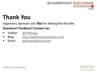 #SPSPhilly @PGBhoyar
Questions? Feedback? Contact me:
 Twitter: @PGBhoyar
 Blog: http://pgbhoyar.wordpress.com
 Email: pgbhoyar@gmail.com
Thank You
Organizers, Sponsors and You for Making this Possible.
 
