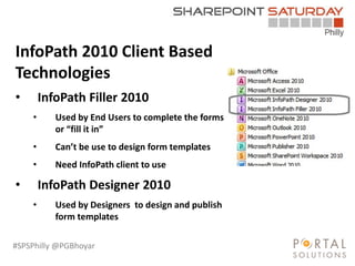 #SPSPhilly @PGBhoyar
InfoPath 2010 Client Based
Technologies
• InfoPath Filler 2010
• Used by End Users to complete the forms
or “fill it in”
• Can’t be use to design form templates
• Need InfoPath client to use
• InfoPath Designer 2010
• Used by Designers to design and publish
form templates
 