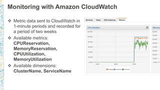 Monitoring with Amazon CloudWatch
 Metric data sent to CloudWatch in
1-minute periods and recorded for
a period of two weeks
 Available metrics:
CPUReservation,
MemoryReservation,
CPUUtilization,
MemoryUtilization
 Available dimensions:
ClusterName, ServiceName
 